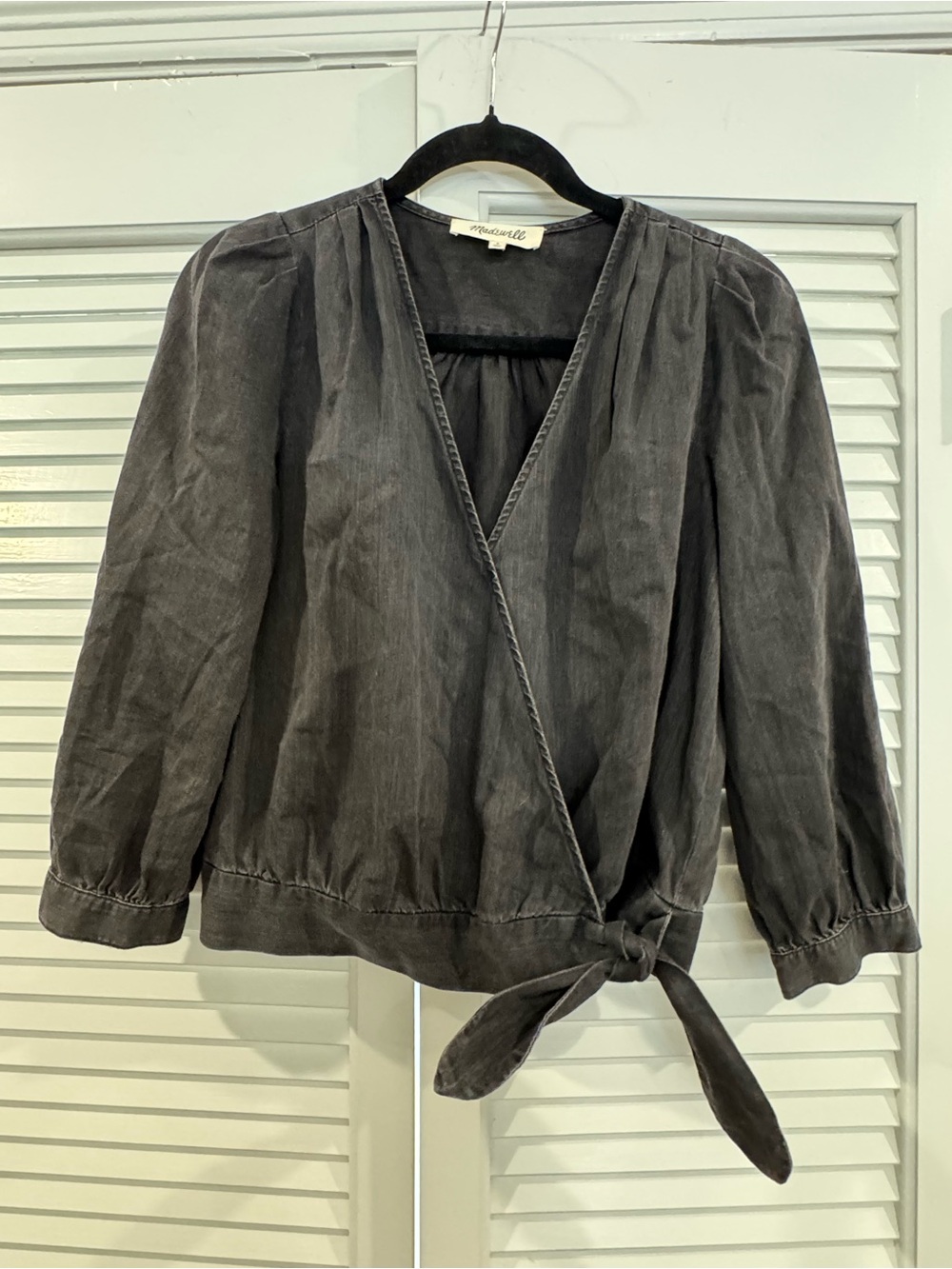 Madewell Charcoal Gray Wrap-Front Blouse with Tie